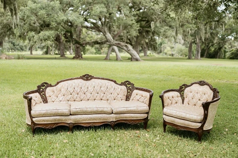 Early 1900’s Deutsch Bros. Custom Hand Carved Fruitwood Tufted Silk Sofa Set Cover