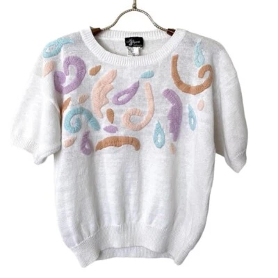 Lady Joyce Vintage 80s Embroidered Short Sleeve Sweater White Pastel Women’s M  - Изображение 1 из 4