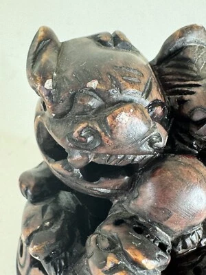 Vintage Hand Carved Chinese Foo Dog Statue Figurine Unique Brown Feng Shui 2.5”￼ - Image 1 of 4