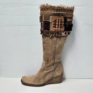 Apepazza Ninfa Boots Womens 9.5 Tan Suede Leather Wedge Boho Tribal Patchwork - Picture 1 of 14