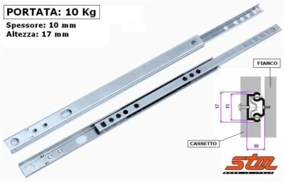 COPPIA GUIDE SCORREVOLI a SFERE per CASSETTI Portata 10 kg Estr. Parz. EM17 - Immagine 1 di 2