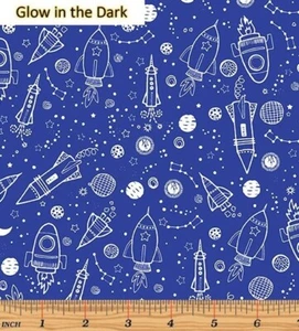 Fat Quarter - Lift Off Space Galaxy Blue "Glow in the Dark" Fabric - Picture 1 of 2