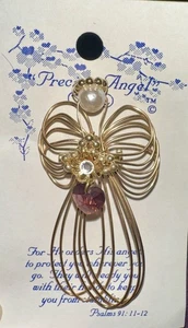 Vintage Hickory Hills Originals Angel Brooch Gold Tone Wire Purple Heart 3" NWT - Picture 1 of 10