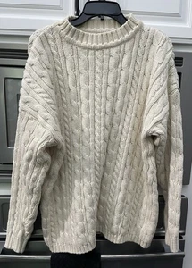 Fisherman Cable Knit Sweater Chunky Ivory Unisex L/XL Grandpa USA Cotton READ - Picture 1 of 17