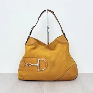 Gucci One-Shoulder Bag Handbag Horsebit Hardware Suede Leather Yellow Authentic - Picture 1 of 24
