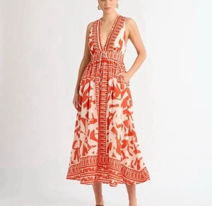Sheike 'Amaia' Dress Size 10 Linen White & Red Maxi Sleeveless - Picture 1 of 6