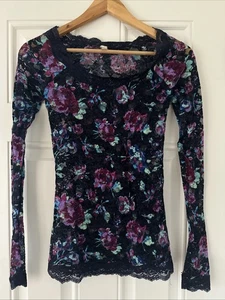 Free People VTG Y2K 90s Navy Purple Roses Floral Lace Sheer Shirt  XS Fairycore - Picture 1 of 7