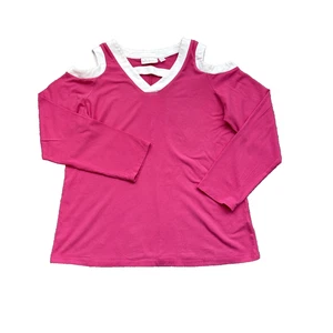 Belle by Kim Gravel Women's distinctive Cold Shoulder Blouse Pink + White size L - Picture 1 of 15