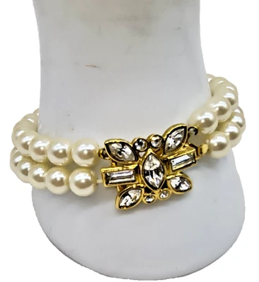 "Precioso brazalete vintage de perlas y diamantes de imitación de doble filamento AVON 8"" tono dorado #53" Foto 1 de 4