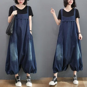 Women's Denim Bib Dungarees Drop Crotch Wide-Leg Denim Overalls Casual Fashion - Picture 1 of 13