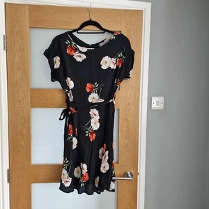 DOROTHY PERKINS Bold Floral Black, With Pink Flowers Print Dress Tea dress 10 - Picture 1 of 3