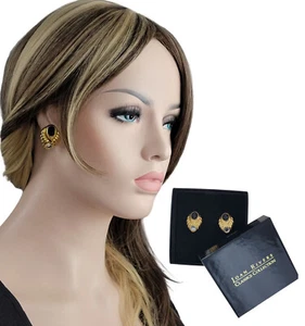 Joan Rivers Signed Gold Tone Black Jeweled Twist Clip On Earrings 1 1/8" NWT NIB - Picture 1 of 7