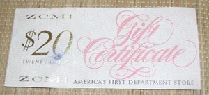 Vintage ZCMI $20 Gift Certificate Department Store Discontinued Store Closed # - Picture 1 of 2