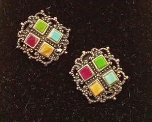 Pendientes de clip vintage BARSA en hermosa filegreed con piedras multicolores - Imagen 1 de 4
