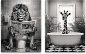 Leinwandbilder Set Fun 2x 32x42 cm - Löwe Giraffe Bild für Badezimmer Toilette - Bild 1 von 8