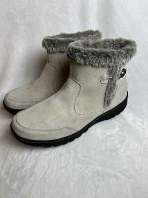 Khombu 雪地靴麂皮绒米色皮革女式 10 M 人造毛皮装饰拉链坚固! — 第 1/4 张图片