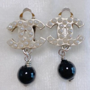 CHANEL Earrings Coco Mark Rhinestone Silver Black Pearl - Picture 1 of 6