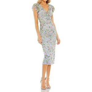 Mac Duggal Sequin Embroidered V-Neck Flutter Cap Sleeve Midi Sheath Dress size 6 - Picture 1 of 16