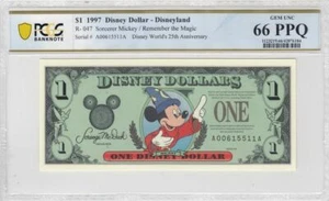 1997 $1 Disney Dollar Sorcerer Mickey PCGS GEM UNC 66 PPQ AA Block DISNEYLAND - Picture 1 of 3