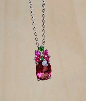 BBJ 925 Silver Necklace – Slide Pendant Pink & Green Gemstones, 20" Chain PETITE - Image 1 of 4