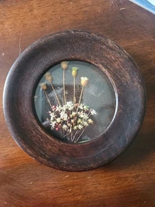 Vintage Wood Framed Round Dried Flowers Incase Convex Bubble Glass - Picture 1 of 6