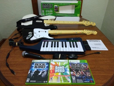 Xbox 360 Rock Band Bundle Bass Fender Guitar Mic Keyboard 3 Games Clean & Tested - Image 1 of 4