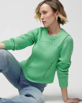 WHBM White House Black Market L/SPointelle Green Cotton Pullover Sweater LARGE - Image 1 of 4