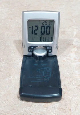 Travel Alarm Clock Silver Foldable Pocket Size Temperature Sensor Calendar - Image 1 of 4