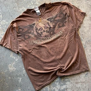 Harley Davidson Brown Skull Wings Flame Grunge Graphic T-Shirt 2XL - Picture 1 of 7