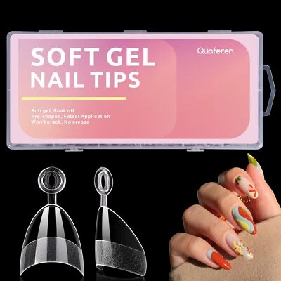 Quaferen Extra Short Clear Almond Nail Tips: 600Pcs Half Cover Soft Gel Pre-buff - Image 1 of 4