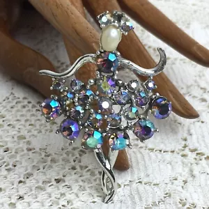 Vintage AB Rhinestone Ballerina Brooch Pin 50s Ballet Dancer Pearl Silver Purple - Picture 1 of 10