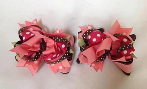 Little Girls handmade Boutique hair bows French barrette clip pink brown green - Picture 1 of 2