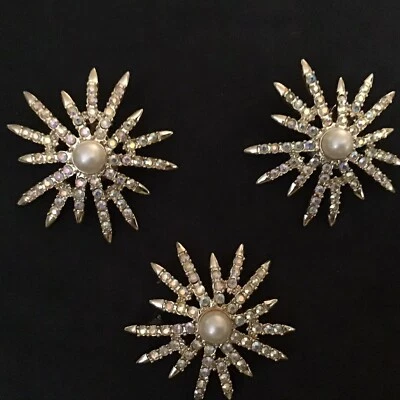 Vtg Emmons Brooch Clip Earrings Set Pearlcore Rhinestones Sparklecore MCM Beauty - Image 1 of 4