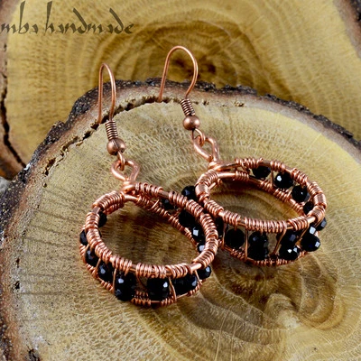 Black Shiny Swarovski Crystal Beads Handmade Earrings Copper Wire Wrapped - Image 1 of 3