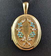 Antique 15cr gold locket, Turquoise and Pearl, Forget me not