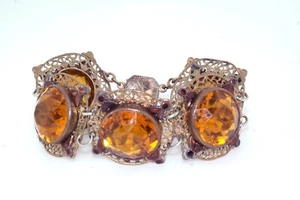 Retro 1940's Vtg Citrine Crystal Enamel Brass Filigree Panel Bracelet - Picture 1 of 5