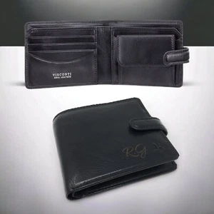 Personalised Engraved RFID Premium Black Genuine Leather Bi Fold Wallet - Picture 1 of 9
