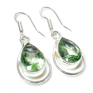 Green Amethyst Gemstone Handmade 925 Sterling Silver Jewelry Earring Sz 1.2" - Picture 1 of 1