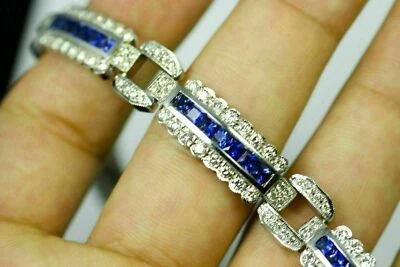 Brazalete tenis diamante zafiro azul creado en laboratorio de 4 quilates enchapado en oro amarillo de 14 quilates Foto 1 de 4