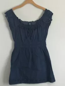Blau Asphalt bestickt blau Baumwolle Sommer Picknick Mini tailliert Kleid Größe Small - Bild 1 von 5