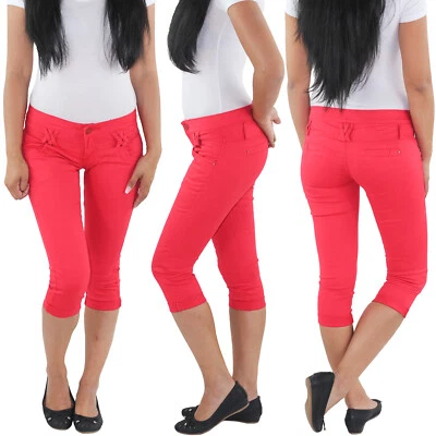Damen Stretch 3/4 Capri Jeans Kurze Hose Shorts Bemuda Sommer Hüfthose Rot - Bild 1 von 4