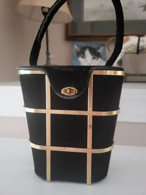Bolso de Mano Vintage Negro Tono Dorado Jaula Barril Cartera Bolso de Mano LEER Foto 1 de 4
