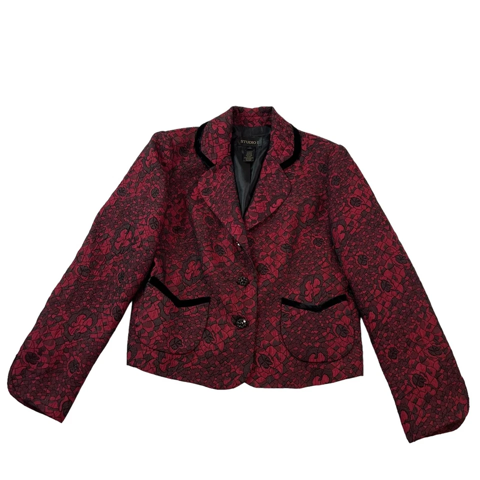 Studio 1 Sz 12  women’s blazer, jacket red & black brocade. professional  #1184 - Image 1 of 4