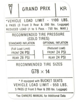 Adesivo de pressão de pneu reprodução 1971 modelos Pontiac Grand Prix - Imagem 1 de 4