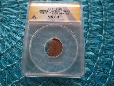 1947-s LINCOLN CENT BROKEN AFTER STRIKE RARE! ANACS MS63 RB - Image 1 of 3