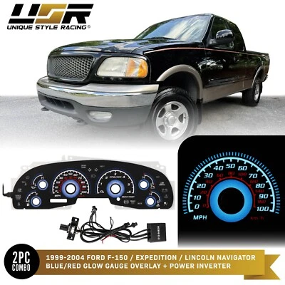 BLUE Glow Gauge Black Overlay For 99-04 Ford F150/Expedition Instrument Cluster - Image 1 of 4