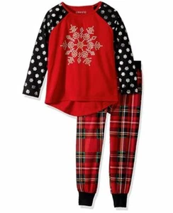 Komar Kids Girls' Big Snowflake Holiday Plaid Jogger Sleep Set, Red, X-Small - Picture 1 of 1
