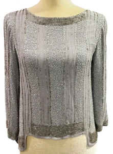 TOPSHOP Silver Heavily Beaded Boat Neck Top Blouse Size 4 Quiet Luxury Old Money - Picture 1 of 8