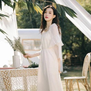 Fairy Women Chiffon Lace Dress Square Collar Midi Sweet Elegant Evening Party - Picture 1 of 14