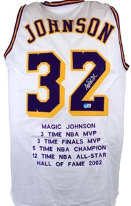 Magic Johnson Autographed White Pro Style STAT Jersey-Beckett W Hologram - Picture 1 of 5